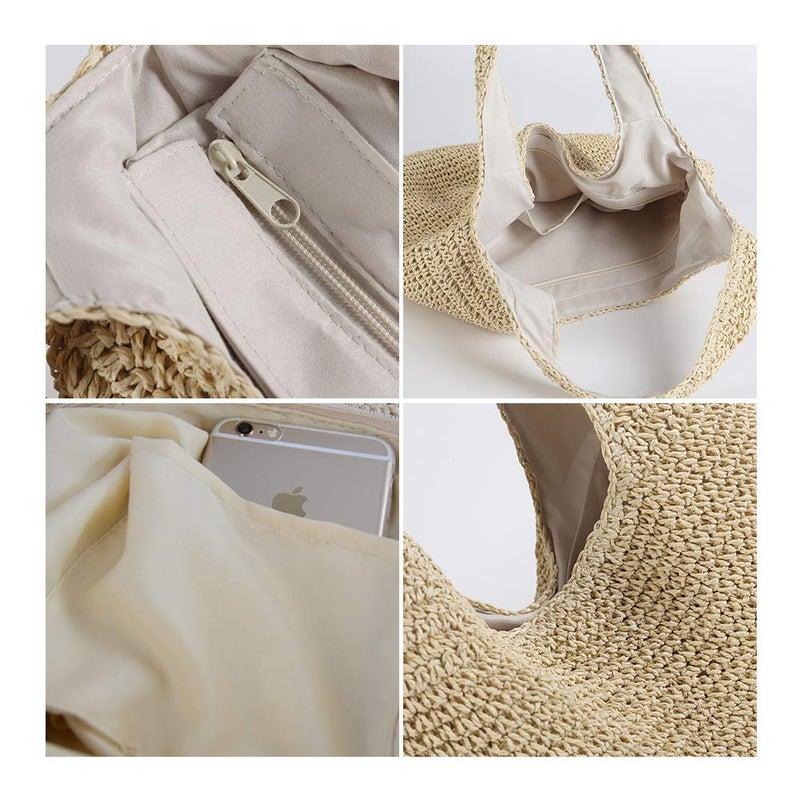 QTKJ Hand-woven Soft Large Straw Shoulder Bag Boho Straw Handle Tote Retro Summer Beach Bag Rattan Handbag (Beige) - Image 3